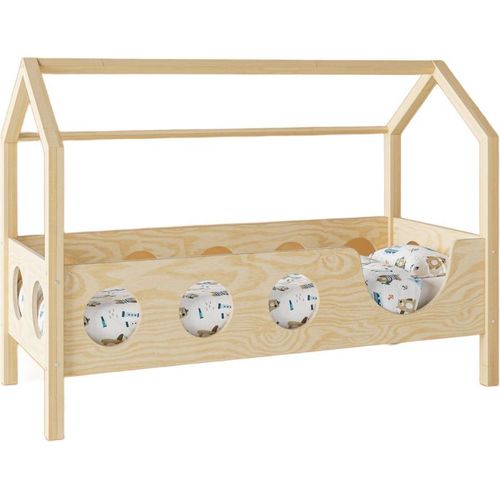 Kinderbett TRANO PO | Hausdesign 100x180 cm aus natürlichem Holz mit Schublade - ohne Matratze, einfacher Aufbau,