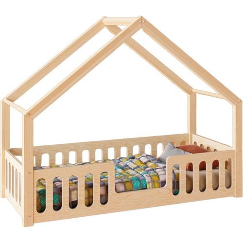 Kinderbett Hausdesign Trano ADPP | Natürliches Holz, 90x200 cm, mit Schutzbarriere – Ökologisch, Einfacher Aufbau,