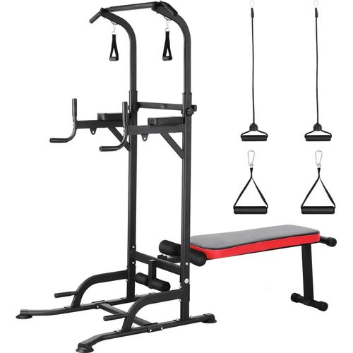 Multifunktionale Trainingsstation - Power Tower mit verstellbarer Trainingsbank - Klappbar - Klimmzüge & Dips - Belastbar bis 200 kg - Für Heimtraining