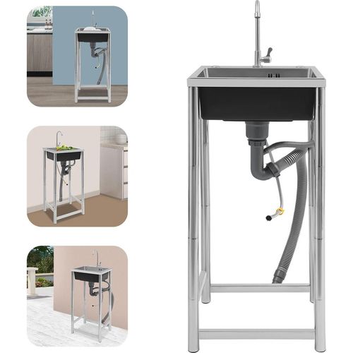 Edelstahl-Nutzspüle, freistehend, für Hauswirtschaftsraum/Garage/Keller, innen/außen, Silber