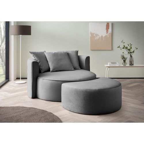XXL-Sessel "ISALIE, Rundsessel mit Hocker, Lesesessel, Loveseat, Big-Sessel", grau, B:153cm H:98cm T:208cm, LEGER HOME BY LENA GERCKE, Sessel, XXL-Sessel, trendige Stoffe, 3 Zierkissen, große Sitzfläche, Cord, Samt, Bouclé