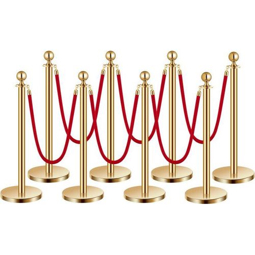 Absperrpfosten Set - 8 Absperrständer Befüllbar Golden mit 6 Roten Samtseilen - Absperrsystem für Events & Veranstaltungen