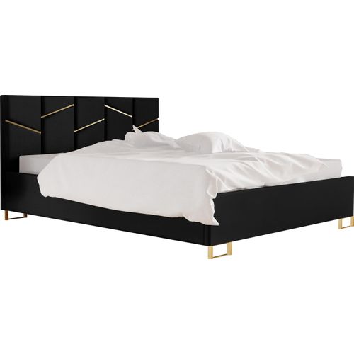 Schlafzimmer-Polsterbett LINEA 120x200cm Schwarz mit Golddekor, VELO-Kopfteil, stabil, mit Stauraum und Gasdruckfedern