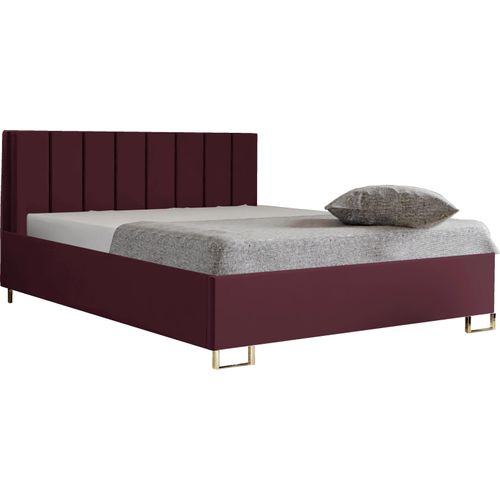 Schlafzimmer-Polsterbett MALIBU, Gepolstertem Kopfteil, Hochwertiger VELUTTO Polsterstoff, Bettkasten mit Gasdruckfeder, Komfortable Betthöhe 39 cm, 140x200 cm Kirsche