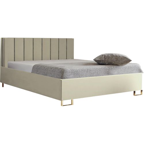 Schlafzimmer-Polsterbett MALIBU, Gepolstertem Kopfteil, Hochwertiger VELUTTO Polsterstoff, Bettkasten mit Gasdruckfeder, Komfortable Betthöhe 39 cm, 140x200 cm Dunkelbeige