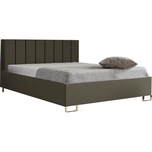 Schlafzimmer-Polsterbett MALIBU, Gepolstertem Kopfteil, Hochwertiger MONOLITH Polsterstoff, Bettkasten mit Gasdruckfeder, Komfortable Betthöhe 39 cm, 140x200 cm Olivgrün