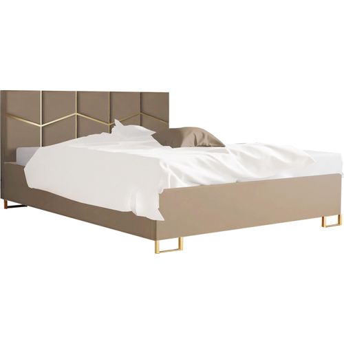 Schlafzimmer-Polsterbett ARIA Sand ARIA mit Golddekor, 180x200cm Elegantes Kopfteil, Pflegeleichter ROYAL Stoff, Stabiles Bettgestell, Bett mit Stauraum, Gasdruckfedern