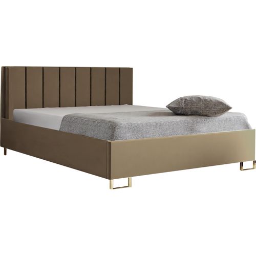 Schlafzimmer-Polsterbett MALIBU, Gepolstertem Kopfteil, Hochwertiger MONOLITH Polsterstoff, Bettkasten mit Gasdruckfeder, Komfortable Betthöhe 39 cm, 160x200 cm Cappuccino