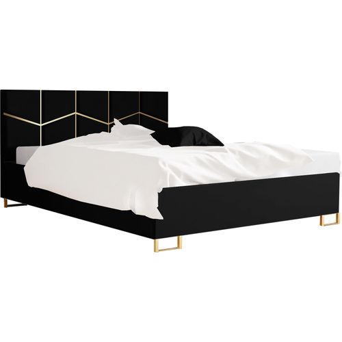 Schlafzimmer-Polsterbett ARIA 160x200cm Schwarz mit Golddekor, VELO-Kopfteil, stabil, mit Stauraum und Gasdruckfedern