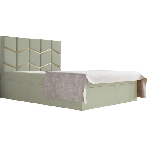 Schlafzimmer-Polsterbett FOREST 140x200cm Gebrochenes Weiß mit Golddekor, VERSO-Kopfteil, stabil, mit Stauraum und Gasdruckfedern