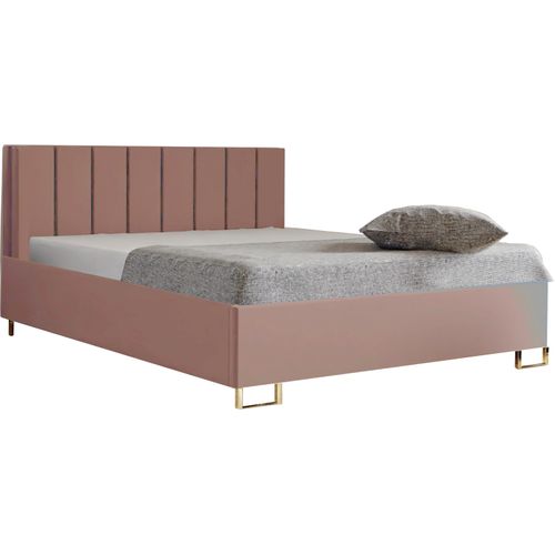Schlafzimmer-Polsterbett MALIBU, Gepolstertem Kopfteil, Hochwertiger MONOLITH Polsterstoff, Bettkasten mit Gasdruckfeder, Komfortable Betthöhe 39 cm, 140x200 cm Puderrosa