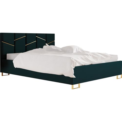 Schlafzimmer-Polsterbett LINEA 140x200cm Grün mit Golddekor, VELO-Kopfteil, stabil, mit Stauraum und Gasdruckfedern