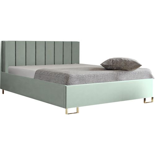 Schlafzimmer-Polsterbett MALIBU, Gepolstertem Kopfteil, Hochwertiger VELUTTO Polsterstoff, Bettkasten mit Gasdruckfeder, Komfortable Betthöhe 39 cm, 140x200 cm Hellgrün