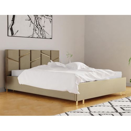 Schlafzimmer-Polsterbett LINEA 120x200cm Beige mit Golddekor, VELO-Kopfteil, stabil, mit Stauraum und Gasdruckfedern