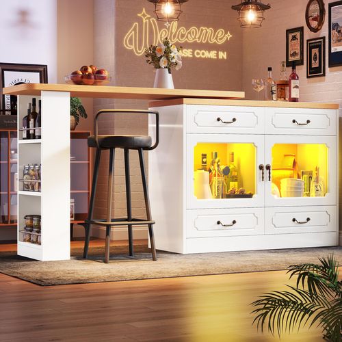 Flieks Bartisch Essbar 360° drehbar, Esstisch mit Led, Küchentisch mit Usb, Musikwiedergabe- und Mikrofonfunktion, 135-203x39x92.8 cm, Weiß