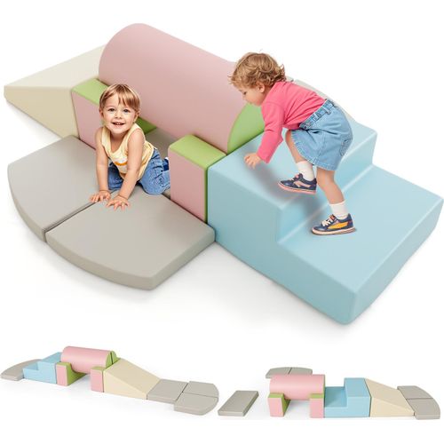 COSTWAY 10 TLG. Schaumstoff Bausteine, Softbausteine, Riesenbausteine aus PU, Großbausteine Kletterblöcke Indoor für Kinder ab 1 Jahr, Blau+Grau