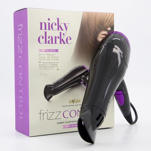 Schwarz-lilafarbener Haartrockner mit Logo