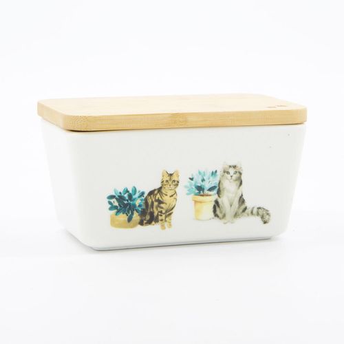 Weiße Butterdose mit Katzenmotiven 8x14,5cm Image