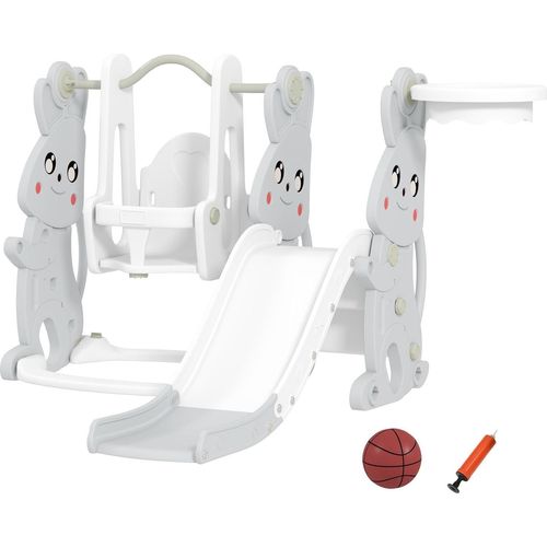 Rutsche 4-in-1 Kinderrutsche mit Schaukel, Klettergerüst, Basketballkorb, Kinder Spielplatz mit Hasendesign Kleinkinderrutsche für Indoor und Outdoor Kinder von 1,5-4 Jahren Grau Aosom