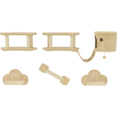 Katzen Kletterwand Set, 5-teilig Katzenmöbel mit Kratzstamm, Sprungplattformen, Leiter, Haus, Katzen-Wandgerüst, für Katzen bis 5 kg, Plüsch, Beige