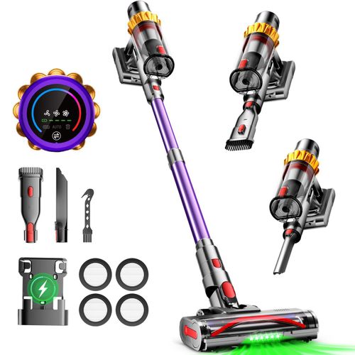 80000Pa Akku Staubsauger,650W/70Min Staubsauger Kabellos,akkustaubsauger mit LED Display/Anti-Tangle-Bürste,drei Gänge,10-in-1,Handstaubsauger,2L