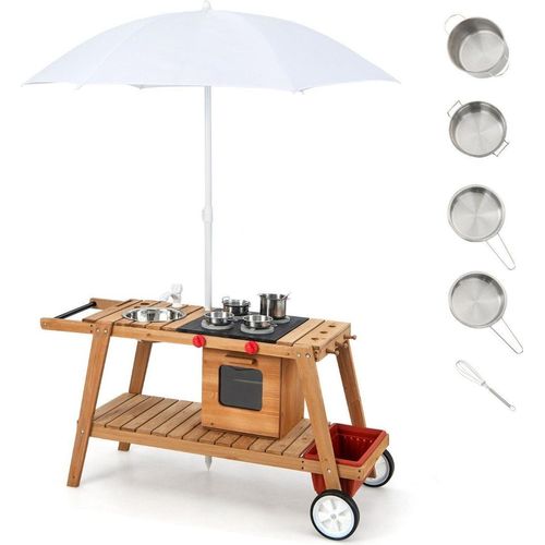 Outdoor-Spielzeugtrolley für Kinder Holzspielzeugwagen mit Sonnenschirm Natur