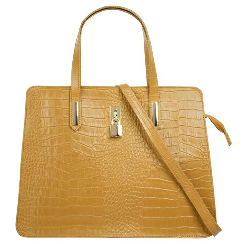 Henkeltasche CLUTY, Damen, Gr. B/H/T: 36cm x 28cm x 8cm onesize, gelb, Leder, Reptilienprägung, Taschen, echt Leder, Made in Italy