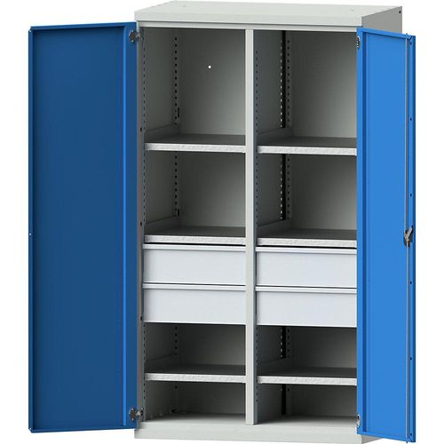 eurokraft pro Schwerlastschrank aus Stahl, 6 Fachböden, 4 Schubladen 180 mm hoch, lichtgrau/lichtblau