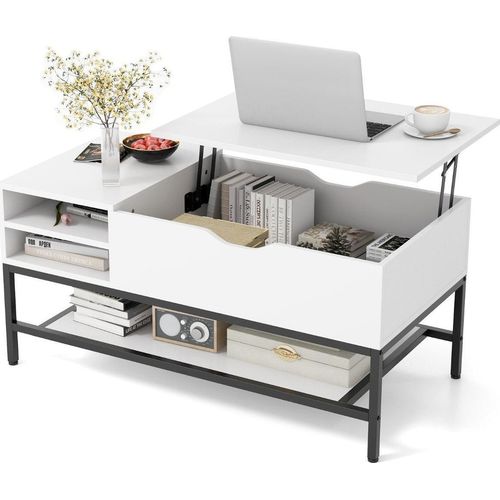 Couchtisch mit anhebbarer Platte und verstecktem Stauraum, Weiß