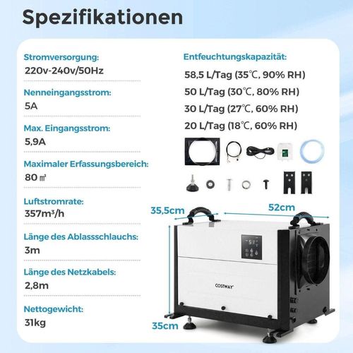 Kommerzieller Luftentfeuchter, 58 l/Tag, 3 Modi, 24-Stunden-Timer