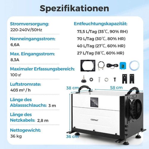 Industrieller Luftentfeuchter, 73,5 l/Tag, 3 Modi, 24-Stunden-Timer