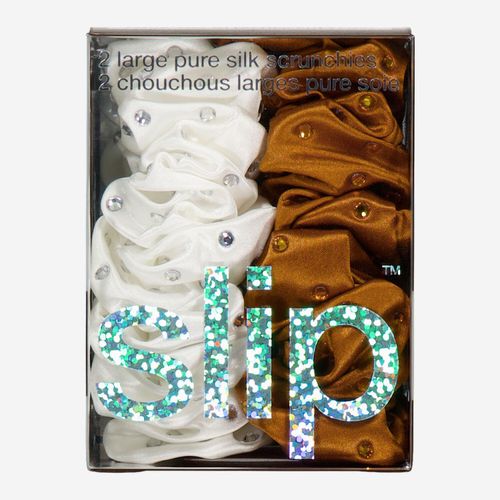 2er-Pack weiß-braunes Haargummi aus Seide mit Ziersteinen