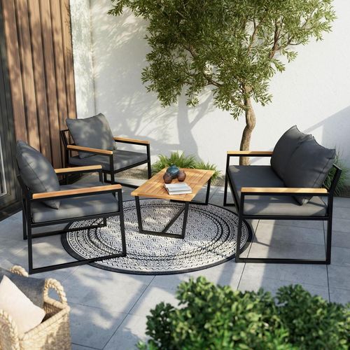 Ambia Garden Gartenset , Grau, Schwarz, Akazie , Holz, Metall, Textil , Akazie , Hartholz , Füllung: Schaumstoff,Baumwolle (recycelt) , 262x134x69 cm , rostfrei , Balkonmöbel, Balkonmöbel-Sets