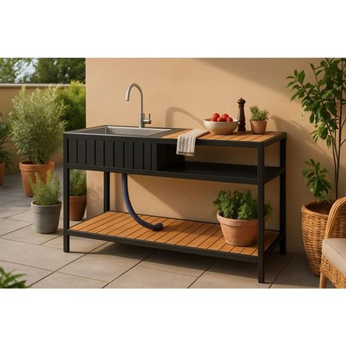 Ambia Garden Outdoorküche, Anthrazit, Teak, Metall, einzeln stellbar, 127x95x50 cm, Gartenmöbel, Outdoor-Küchen