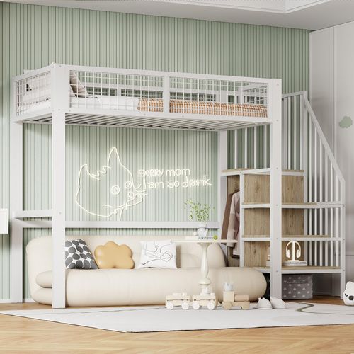 Hochbett 90*200 mit Leiter, Kinderbett mit Eisenrahmen und Aufbewahrungsregal, Kleiderschrank Weiß