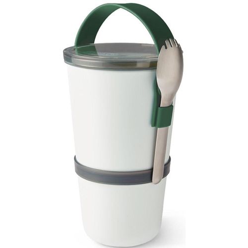 Lunchbox BLACK+BLUM, grün (olive), B:12cm H:20cm, Lebensmittelaufbewahrungsbehälter, 2-in-1, mit Tragegurt und Göffel (Gabel-Löffel-Kombination), 900 ml