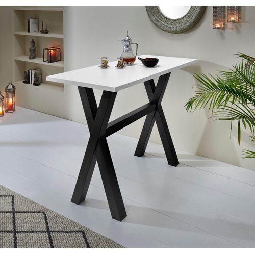 Bartisch MÄUSBACHER, weiß (schwarzstahl, weiß matt lack, schwarzstahl), B:140cm H:105cm T:70cm, Tische, Bartisch, Gestell in X-Form (Breite 120, 140 oder 160 cm)