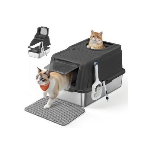 FEANDREA Edelstahl Katzentoilette XL mit Deckel 2 Eingängen