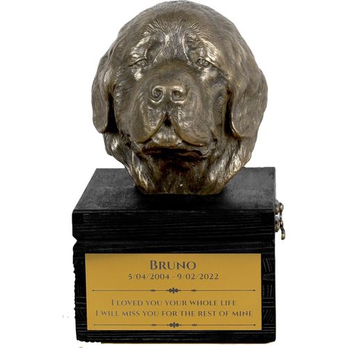 Neufundländer, Newfoundland - eine Urne mit Gravur und Hundeskulptur, letzter Abschied, handgefertigtes Produkt der Marke Art-Dog