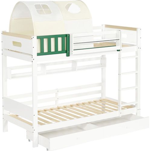 Etagenbett,Hausbett,Kinderbett mit kleinem Zelt, mit Fallschutz und Gitter, Mit vierstufiger Leiter, Zwei Schubladen mit Rollen, Kiefer+MDF