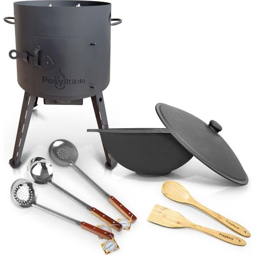 Utschak Uchag Feuerofen 40 cm 2 mm Stahl mit Usbekische Kazan 12 L Schaumlöffel