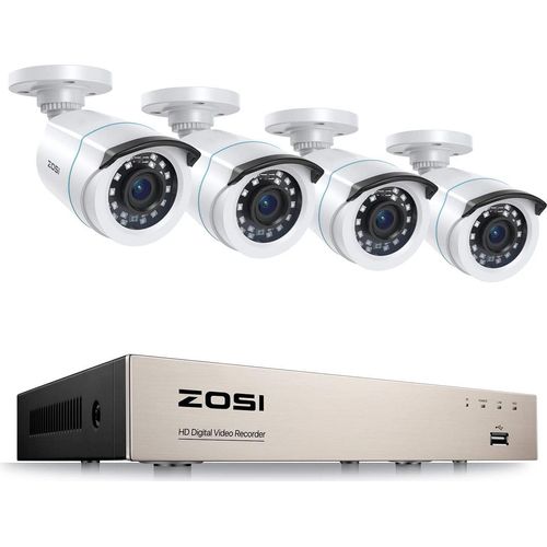 ZOSI 8CH H.265+ DVR Video Überwachungssystem mit 4 Außen 2.0MP Überwachungskamera Set ohne Festplatte, IR Nachtsicht, Bewegungsalarm