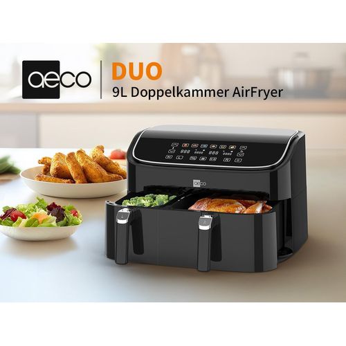 aeco DUO Doppelkammer AirFryer 9 L (3l & 6l, Heißluftfritteuse mit Touch-Display & Dehydrierungsfunktion, 2850W, 80°-200°, 6 Programme, + Rezeptheft)