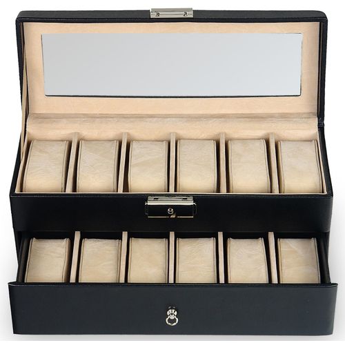 Uhrenetui SACHER, schwarz (schwarz, beige), Aufbewahrungsboxen, DamenB:29,5cm H:14cm T:11cm, Aufbewahrung, Uhrenkasten, Ø Uhren max. 40mm, Armbanduhr,Geschenkidee, B:29,5cm H:14cm T:11cm