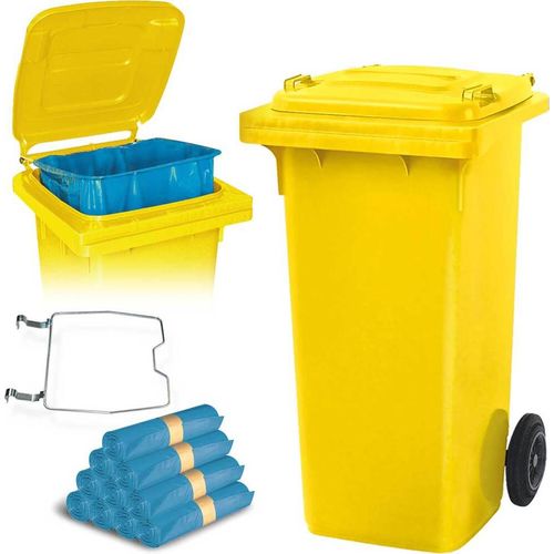 BRB 120 Liter Mülltonne gelb mit Halter für Müllsäcke, inkl. 250 Müllsäcke
