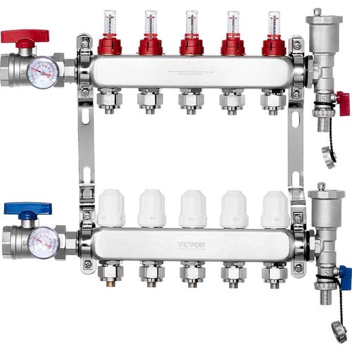 VEVOR 5-Zweig-Wärmeverteilungsverteiler, 1/2-Zoll-PEX-Rohrverteiler, Edelstahl-PEX-Verteiler für hydronische Fußbodenheizung, Wärmeverteilungs-PEX-Verteilersatz im Lieferumfang enthalten