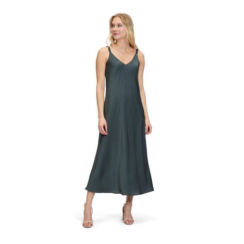 Abendkleid VERA MONT "Damen mit breiten Trägern", Damen, Gr. 38, Normalgrößen, grau (grau olive), Satin, Obermaterial: 100% Polyester; Futter: 100% Polyester, figurbetont lang, V-Ausschnitt, Kleider Abendkleid, Nahtführung