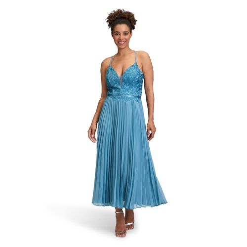 Abendkleid VERA MONT "Damen mit Stickerei", Damen, Gr. 36, Normalgrößen, lila (shiny blaustone), Obermaterial: 100% Polyester; Besatz: 100% Polyamid; Futter: 100% Polyester, festlich, tailliert lang, U-Boot-Ausschnitt, Kleider Abendkleid, Plissee