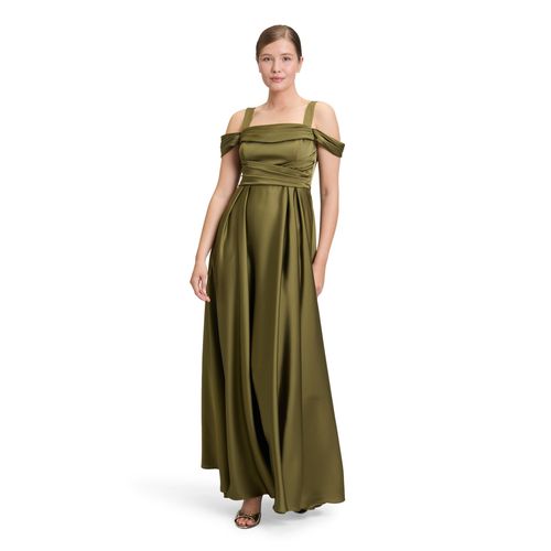 Abendkleid VERA MONT "Damen schulterfrei", Damen, Gr. 44, Normalgrößen, lila (shiny olive), Obermaterial: 100% Polyester; Futter: 100% Polyester, ausgestellt lang, Wasserfallausschnitt, Kleider Abendkleid