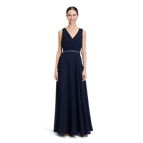 Abendkleid VERA MONT "Damen mit Plissee", Damen, Gr. 48, Normalgrößen, blau (night sky), Chiffon, Obermaterial: 100% Polyester recycelt. Futter: 100% Polyester., festlich, ausgestellt lang, V-Ausschnitt, Kleider Abendkleid, Dekoelemente